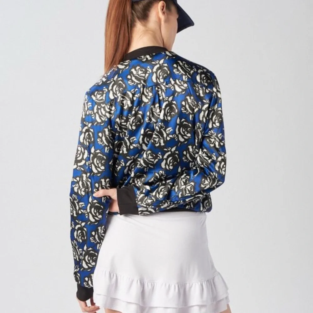 X by GOTTEX Women's Floral Satin Bomber Jacket Blue Roses Size Large Zip Pockets